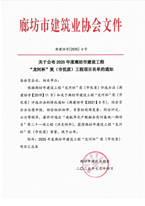 公司監(jiān)理項目榮耀斬獲2025年河北省廊坊市“龍河杯”優(yōu)質(zhì)工程獎